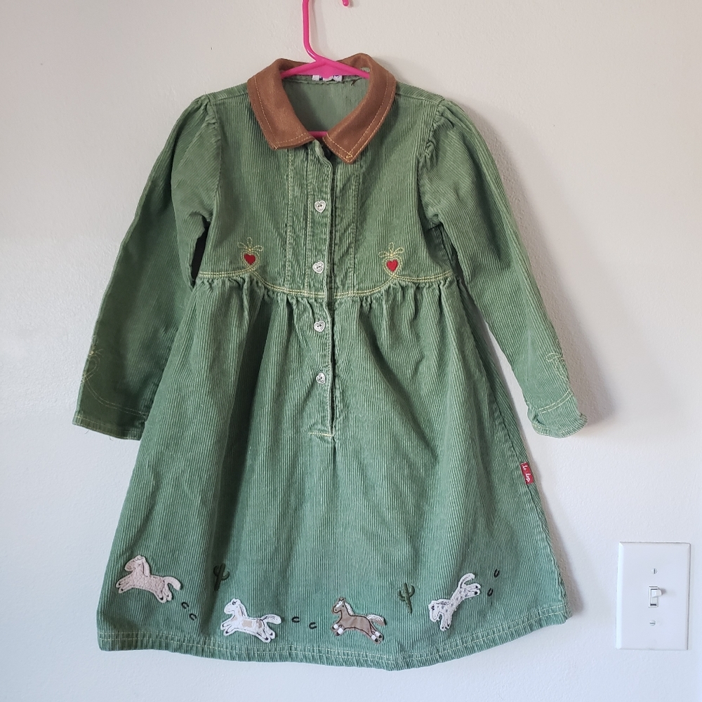 Le Top Sage Green Cord Horse Applique Dress girl 6! Too Cute!